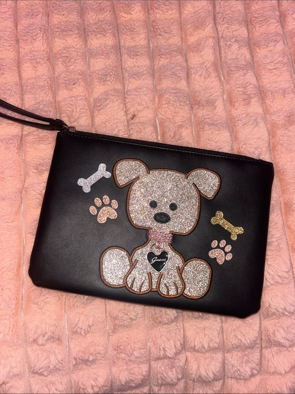 Guess Black Wristlet Clutch with Glitter Dog Applique and Pink Accents